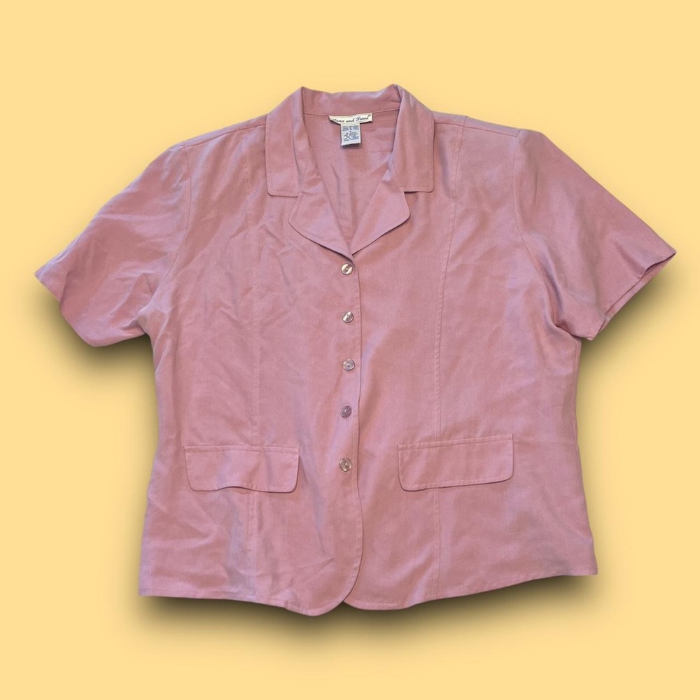 Vintage Pink Silk Button Up Blouse Size Large Preppy Coastal Beachy